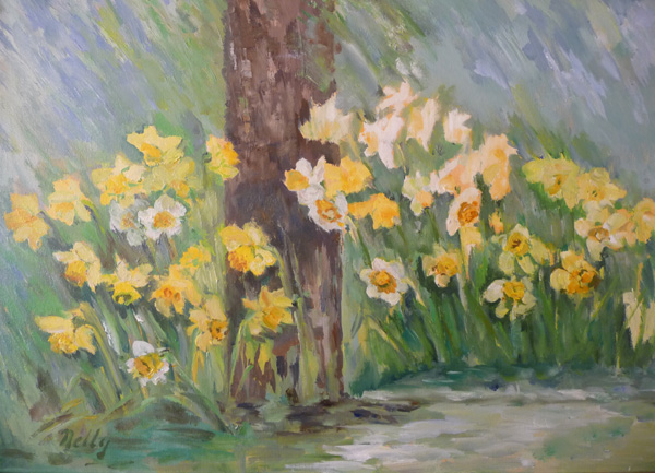 olieverf, narcissen in de tuin